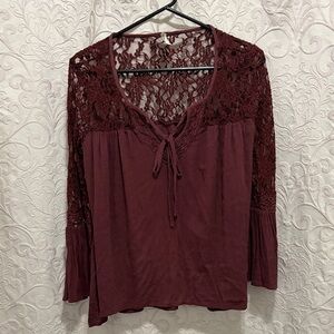 Mudd Burgundy Lace Yoke Tie-Neck Blouse